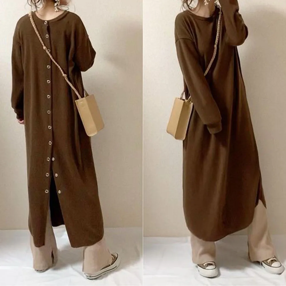 

Women's Dress Long Sleeves Autumn Fashion Buttons Patchwork Office Lady Simple Plain Elegant Female Straight Maxi Dresses 2021