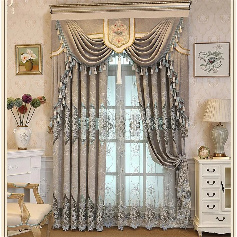 

Iron Tree Blooming Jacquard Chenille Thick Cloth Curtains for Living Room Bedroom Water Soluble Embroidery Villa Curtain Valance