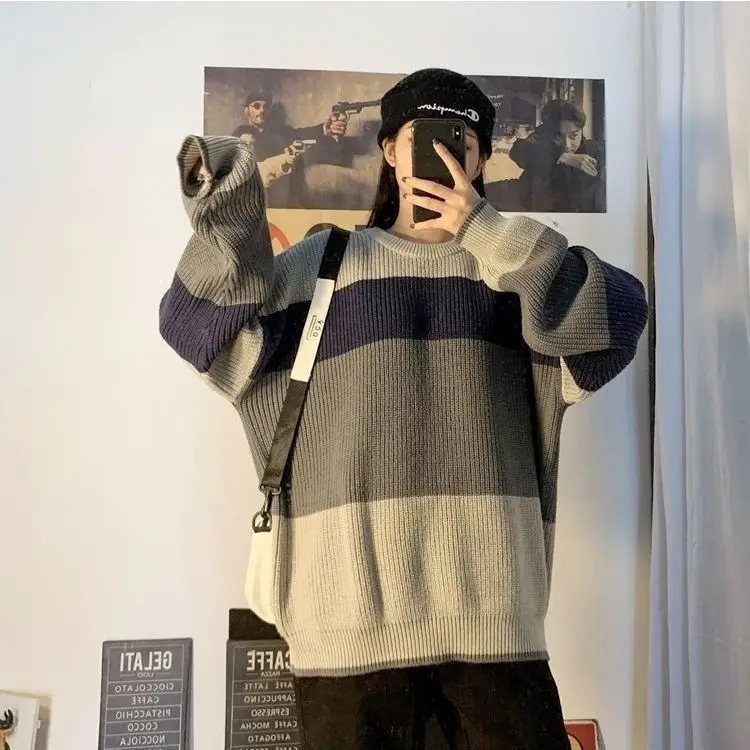 

Sweater men's winter new Korean fashion T-shirt loose Hong Kong Style hip hop ruffian top striped student sweater