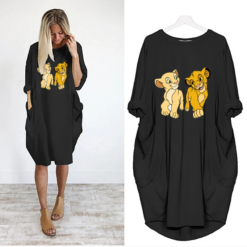 

The Lion King Women Midi Dresses Casual Long Sleeve Dress Loose Harajuku Cartoon Print Robe Femme Pockets Vestido Streetwear
