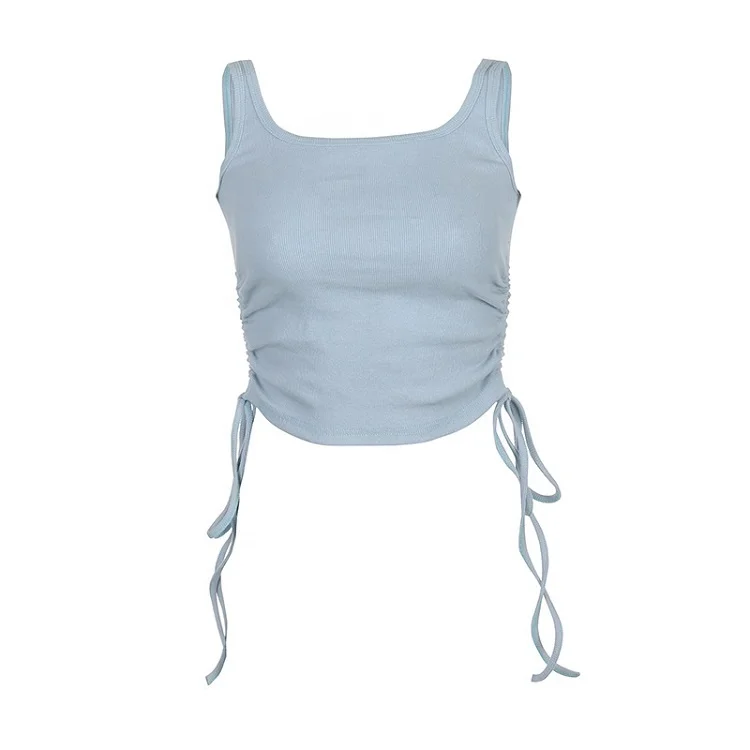 

2021 summer vest sexy drawstring tie pleated solid color crop top for women