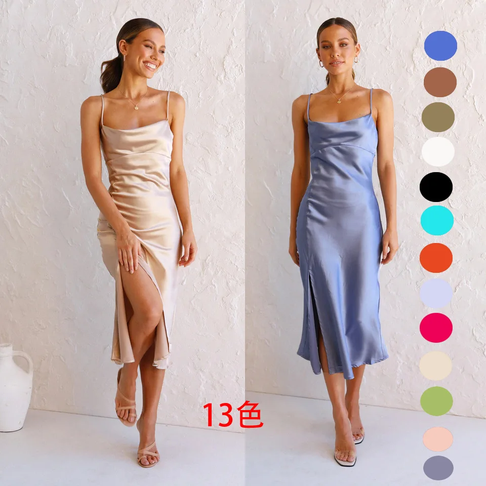 

Sling long skirt shiny stretch satin slit long skirt party dress