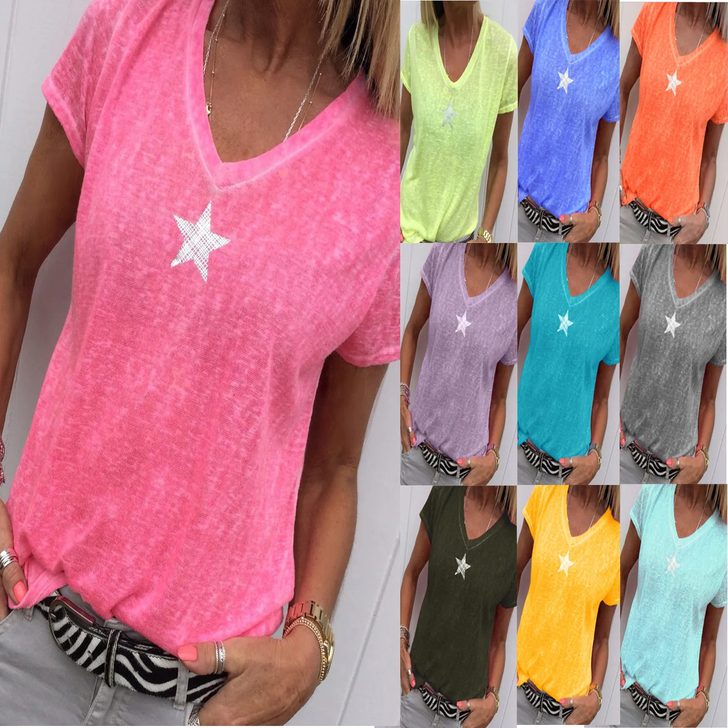 

T shirt women 2021 hot style female stars printing solid color summer leisure v-neck t-shirts dropshipping vestidos