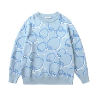 cartoon lamb jacquard sweater mens ins streetwear fashion loose round neck blue pullover long sleeve kintted tops 9y9572