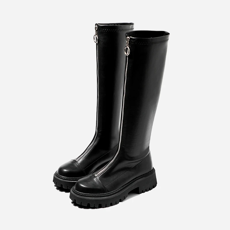 

Women Fashion Long Boots Sexy Ladies Autumn Winter Front Zipper Knee High Boots Round Toe Black Boots High Heels Shoes Botas