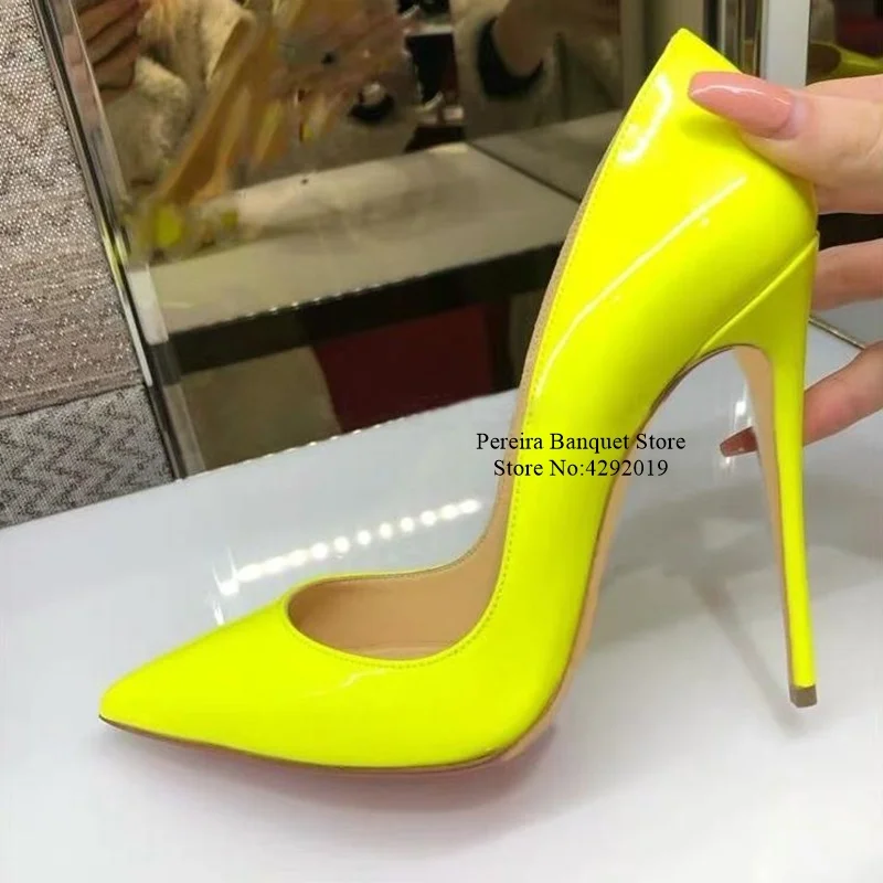 

Fresh Yellow Patent Leather 12CM 10CM 8CM Stiletto Heel Pumps Pointed Toe Shallow Party Dress Shoes Slip on High Heel Party Pump