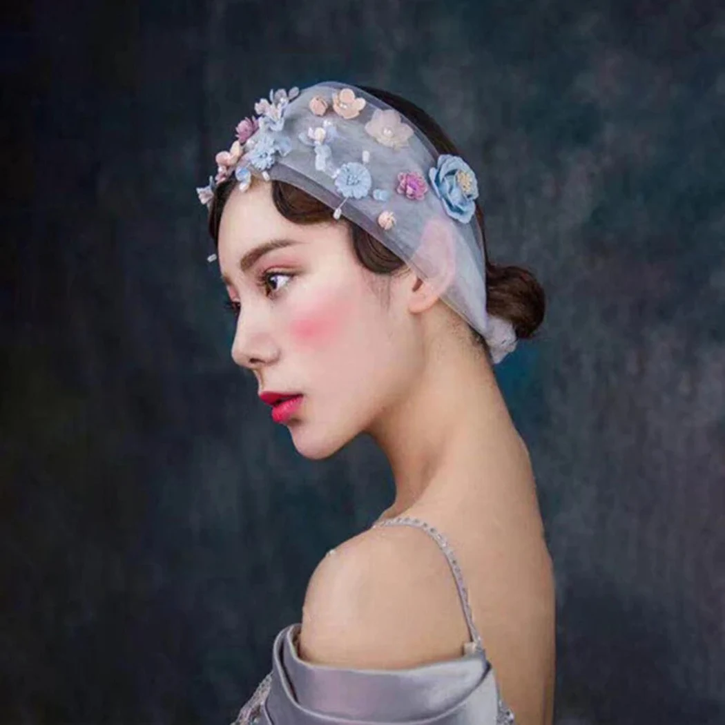 Rural Bridal Wedding Turban Headband Lace Crystal Pearl Flower Headdress For Women Bride Long Forehead Hair Accessory Jewelry | Украшения и