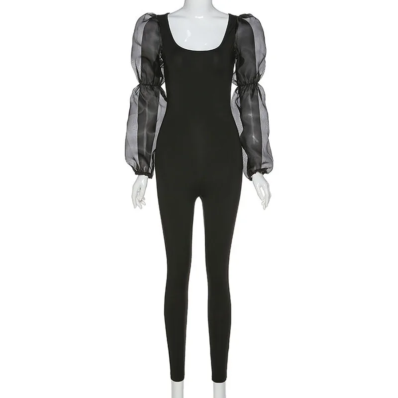 

Fashion Black Mesh Puff Sleeve Jumpsuit Women Long Sleeve Jumpsuit Ladies Low Cut Skinny Long Rompers Front Zipper Overalls