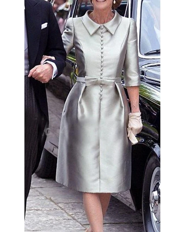 

2021 Elegant Silver Jewel Half Sleeve Knee Length Mother of the Groom Dresses Guest Party Gown Ladies Robe De Soriee