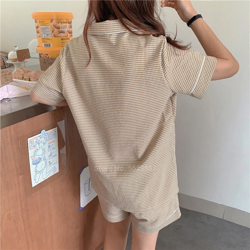 

2020 New Summer Ladies Pajamas Set For Women Cotton Soft Comfy Sleepwear Short Sleeve Plaid Top+short Breathable Loungewear Suit