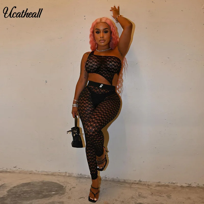 Прозрачный комплект из 2 предметов короткий топ на одно плечо летний брюк женский