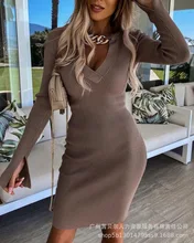 2022 spring new chain cross V-neck woolen knit dress women's clothing (3)