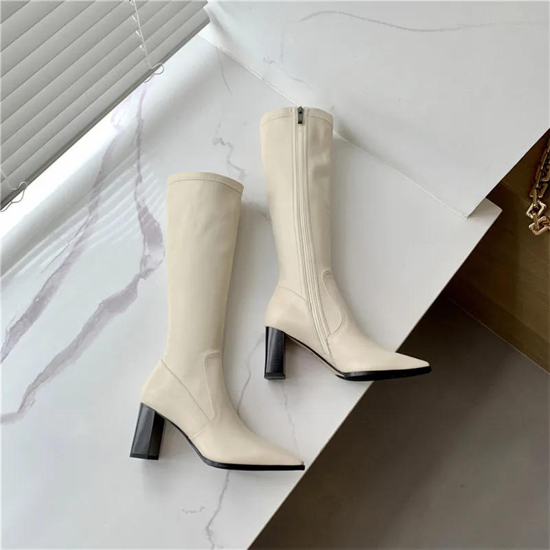 

Meotina Genuine Leather Chunky High Heel Knee High Boots Women Square Toe Zipper Fashion Long Boots Shoes Autumn Winter Beige