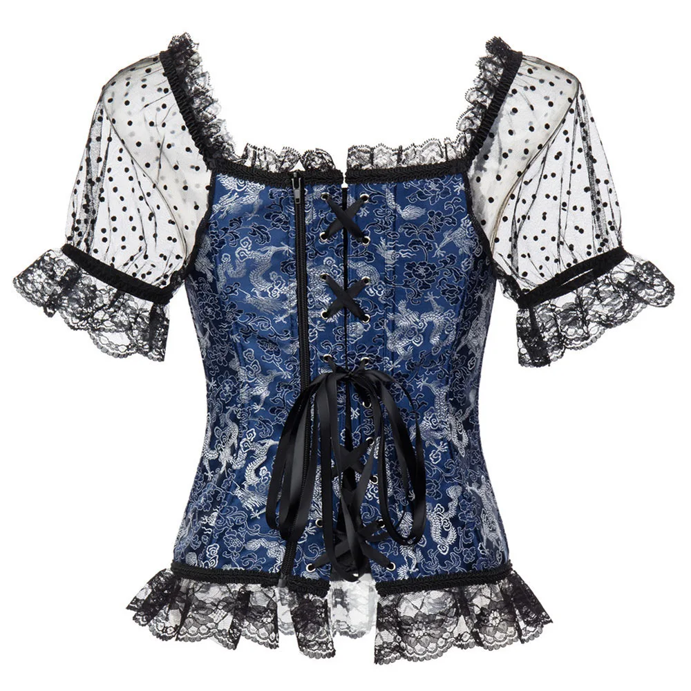 

Gothic Lace mesh Corset Women Retro Vintage Floral Printed Patchwork Bandage Slim Sexy Tops Lace UP Night Club Party New Fashion
