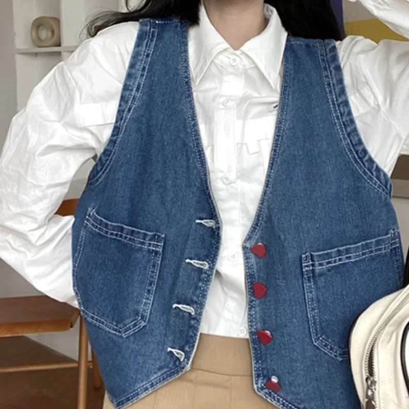 Женский короткий джинсовый жилет Новинка осени 2021 милая безрукавка с V-образным