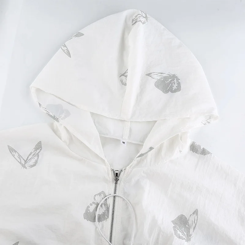 

Reflective Women Sweatshirt 2020 Autumn Lady Zip Hooded Drawstring Short-length Sun-proof Clothing Print White Gothic Cartoon