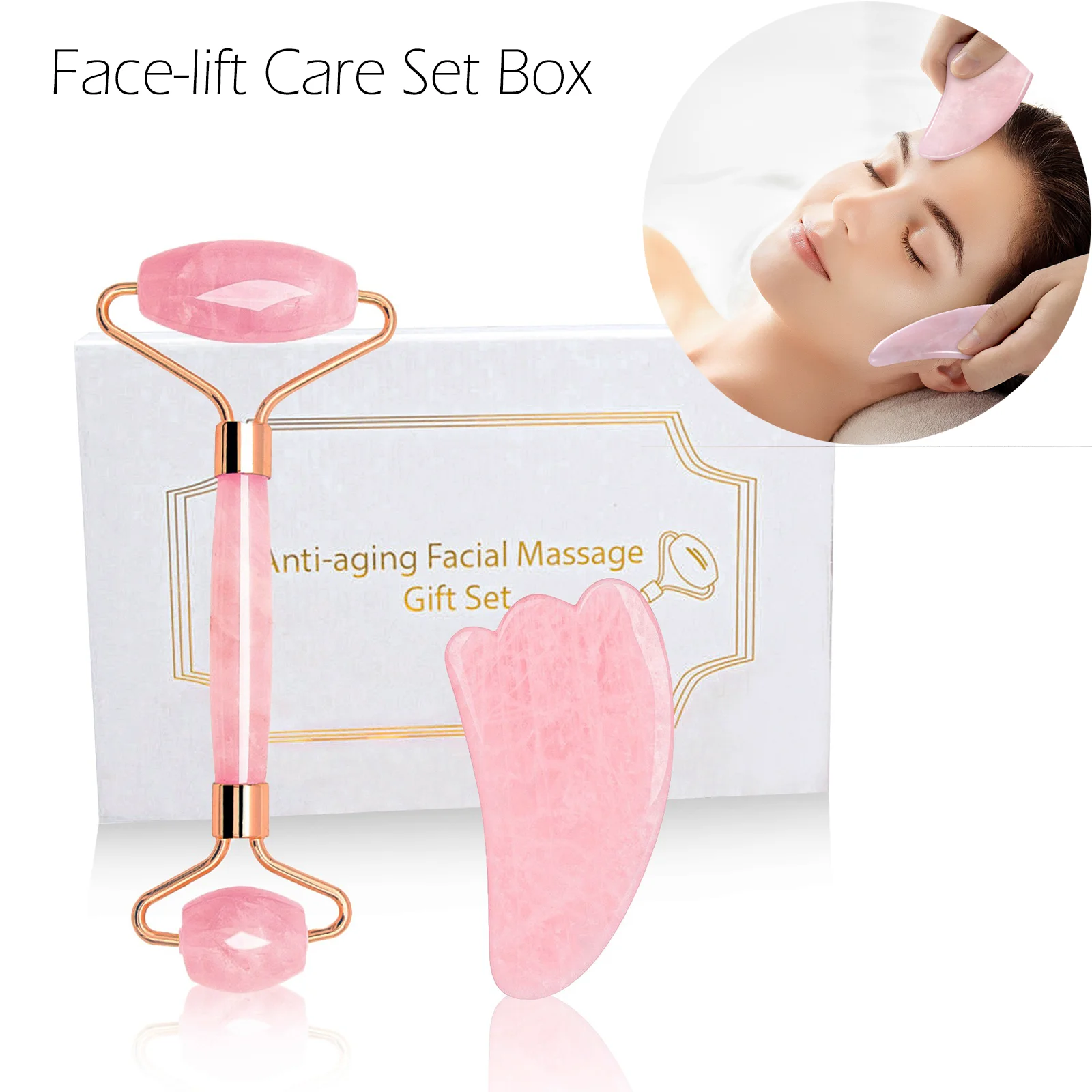 

Natural Rose Quartz Jade Roller Gua Sha Set Facial Body Massager Jade Stone Massaging Scraping Tool Face Lifting Beauty Care