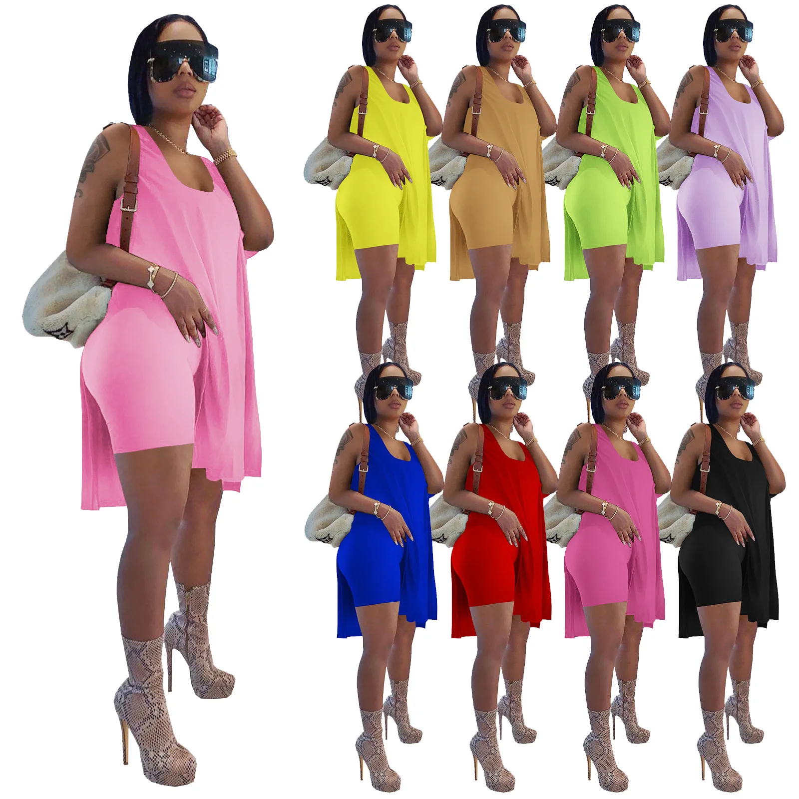 

Summer New Solid Color Vest Plus Loose Long Tops Women's Shorts Tops Two-piece Suit