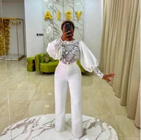 aso ebi jumpsuit women formal party evening wear with lace o neck prom dresses long sleeves pants suit robe de marrige