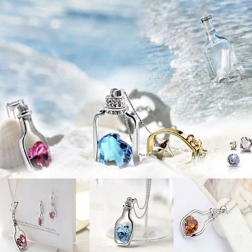

New Wishing Bottle Necklaces Women Heart Crystal Pendant Choker Hanging Charm Chain Jewelry Party Wedding Accessories Girl Gift