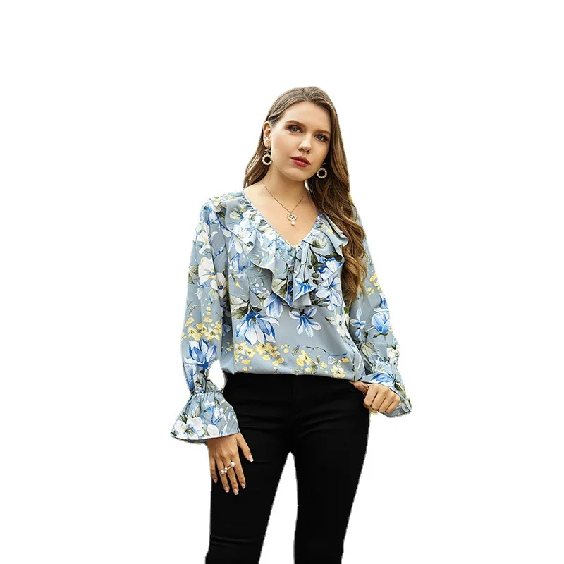 

2021 fashion women blouses printed pullover shirt plus size women's lotus leaf sleeve t-shirt oversize loose long sleeve V-neck