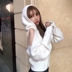 Женский короткий свитер с капюшоном, Белый свободный трикотажный кардиган на молнии с открытыми плечами и длинным рукавом, джемпер в стиле ретро, осень 2020