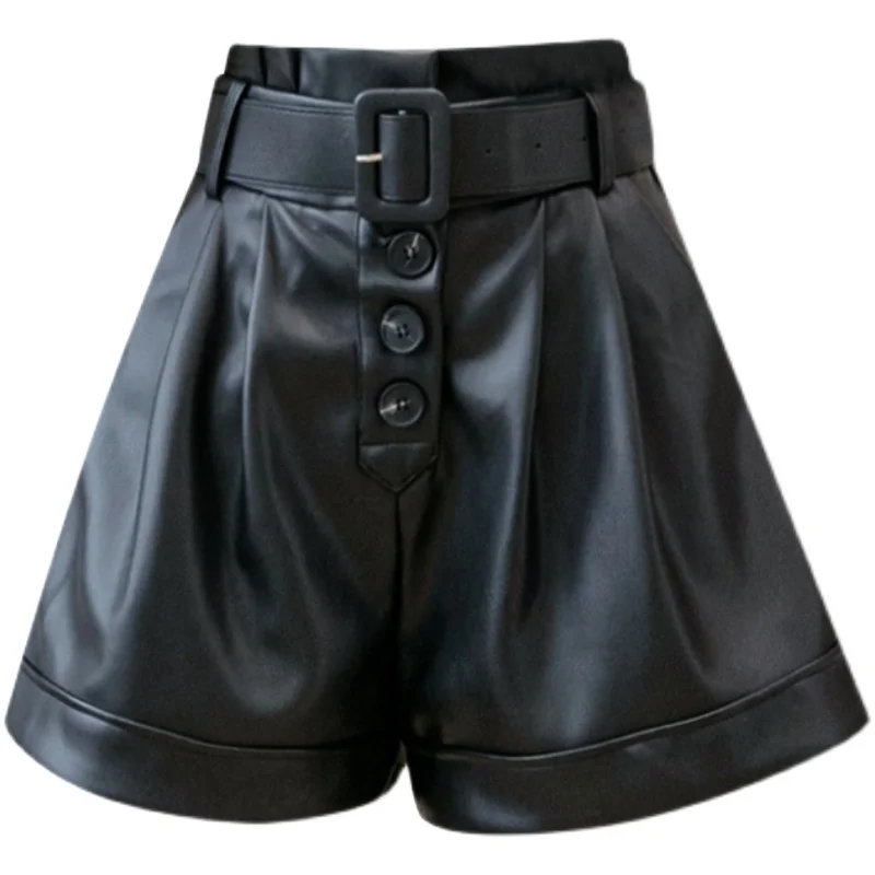 

Spring Autumn PU Leather Shorts High Waist Women Punk Sashes Wide leg Shorts Casual Loose Leather Shorts 2021