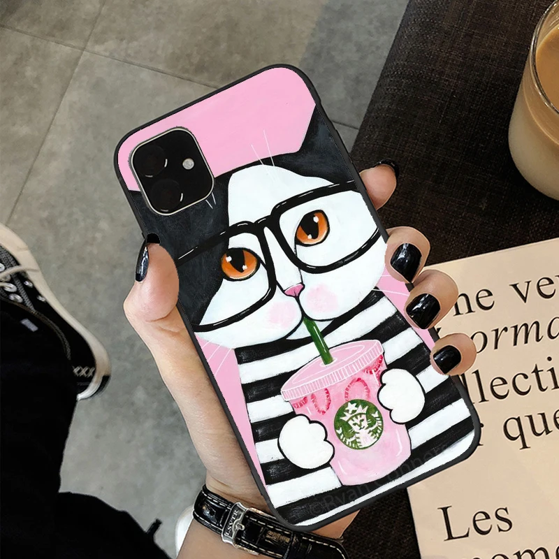 

Cute Latte Acrylic Coffee Milk Drink Bottle Cat Soft Black Silicone Case Cover For iPhone 11 12 Pro Max X XS Max XR 6S 7 8 Plus
