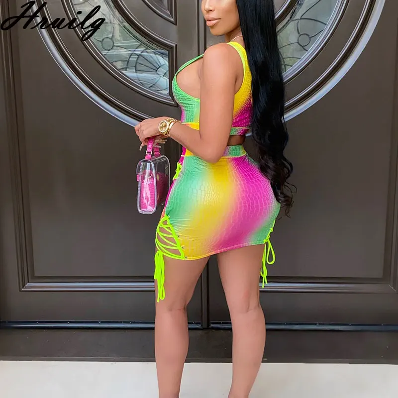 

Sexy Women Set 2 Pieces Crop Tops&skirts Tie Dye Criss-cross Bandage Hollow Out Outfits for Women Matching Sets Party Club 2 Pc