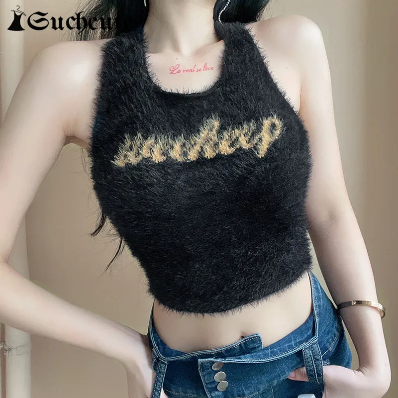 

SUCHCUTE Women's Knitted Fuzzy Black Tank Tops Gothic Letter Print Sleeveless Sexy Crop Camis Slim Hight Street Girl Vest 2021