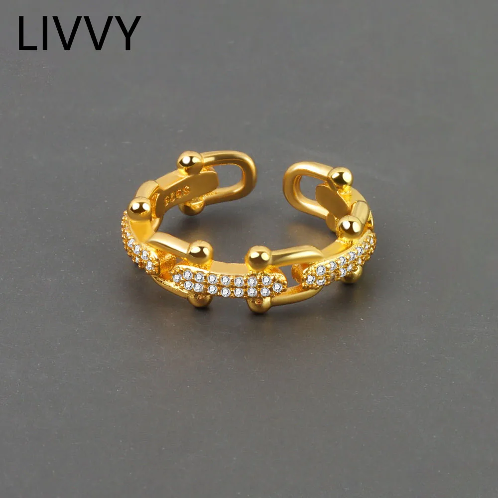 

LIVVY Silver Color U Shape Chain Double Row Zircon Adjustable Ring For Women Elegant Wedding Engagement Trendy Jewelry