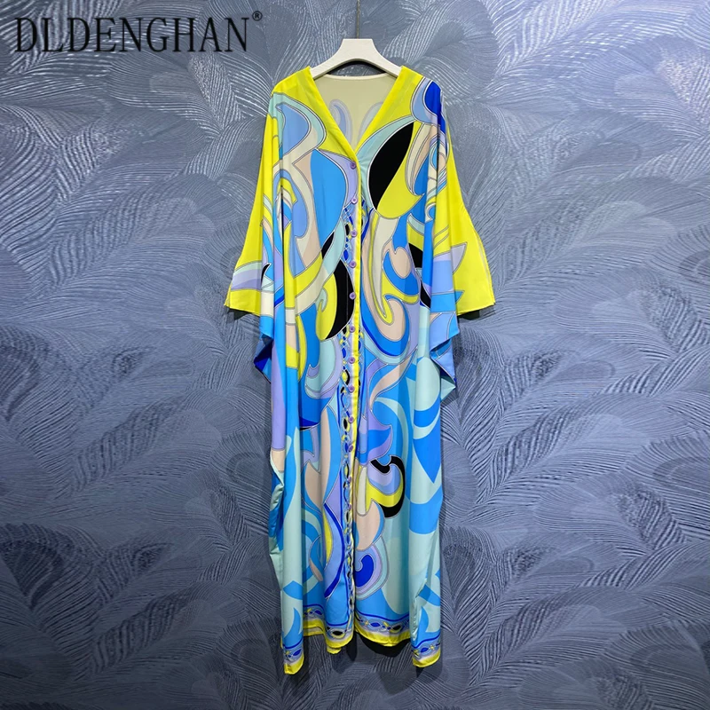 

DLDENGHAN Fashion Geometric Print Summer Long Dress Women V-Neck Batwing Sleeve Single Breasted Loose Maxi Dresses