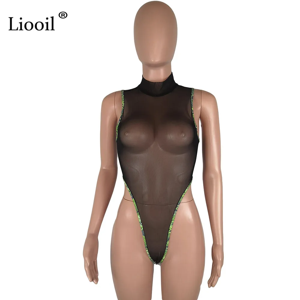 Liooil/комплект из 2 предметов; облегающий комплект для женщин; Клубная одежда; сетчатые прозрачные чарующие Боди и длинные штаны со змеиным принтом; вечерние комплекты