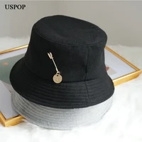 uspop brand new women bucket hats winter wool hats letter metal pin bucket hats panama hats