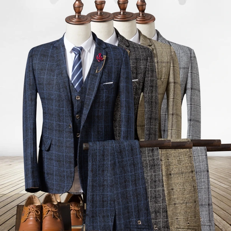 

(Jackets+Vest+Pants) Boutique Fashion Retro Plaid Men's Formal Business Suit Three-piece Suit Groom Wedding Dress Party Social