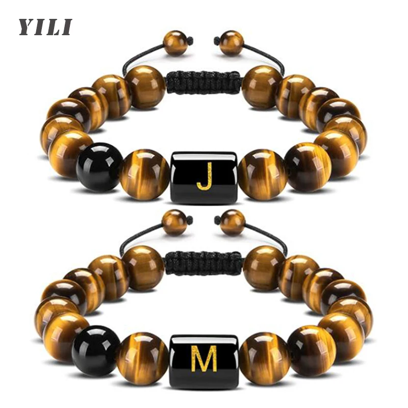 

26 Letter Initial Beaded Bracelets Tiger Eye Bracelet Mens 10mm Natural Black Onyx Tiger Eye Stone Beads Braided Rope Bracelet