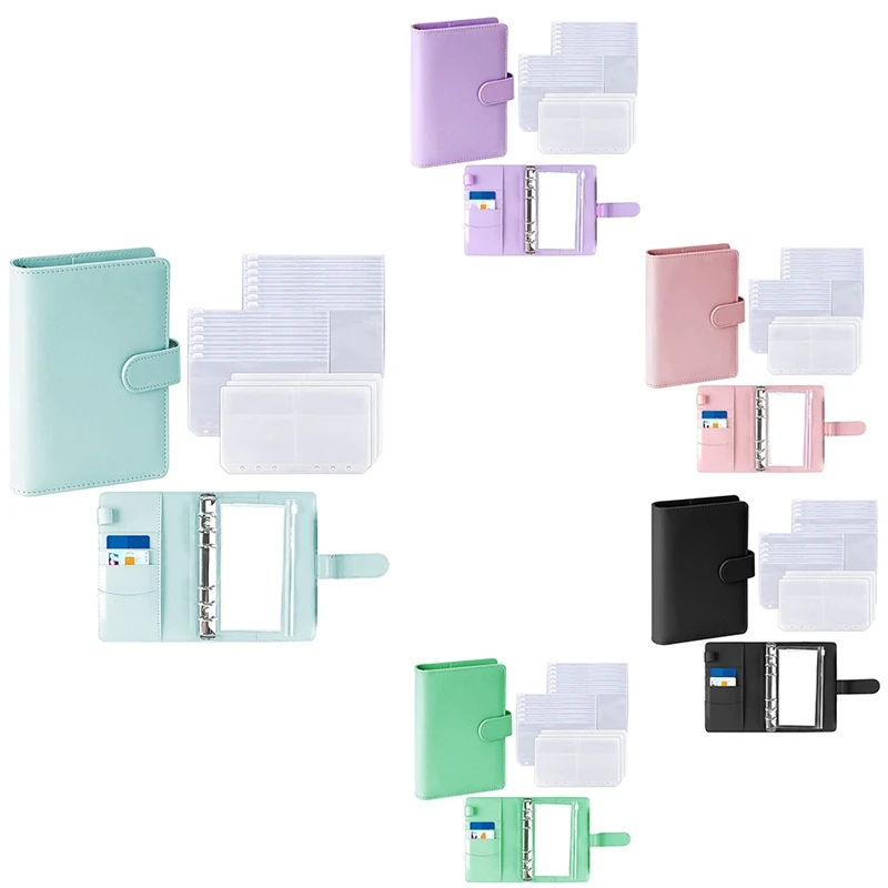 

17 Pcs A6 PU Leather Binder Cover with Plastic Pockets Loose Leaf Bags 6 Ring Cash Budget Envelopes System