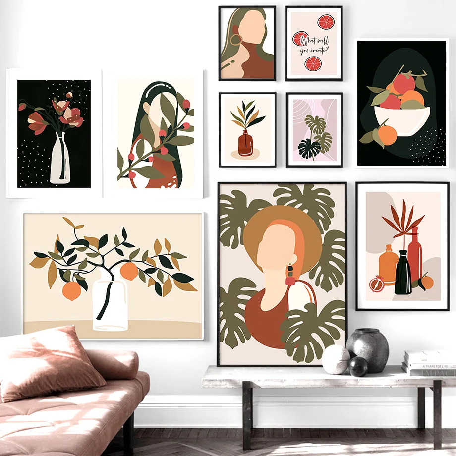 

Абстрактная девушка, оранжевый лист, цветок, винтажная Картина на холсте, скандинавские постеры и принты, настенные картины для декора гост...