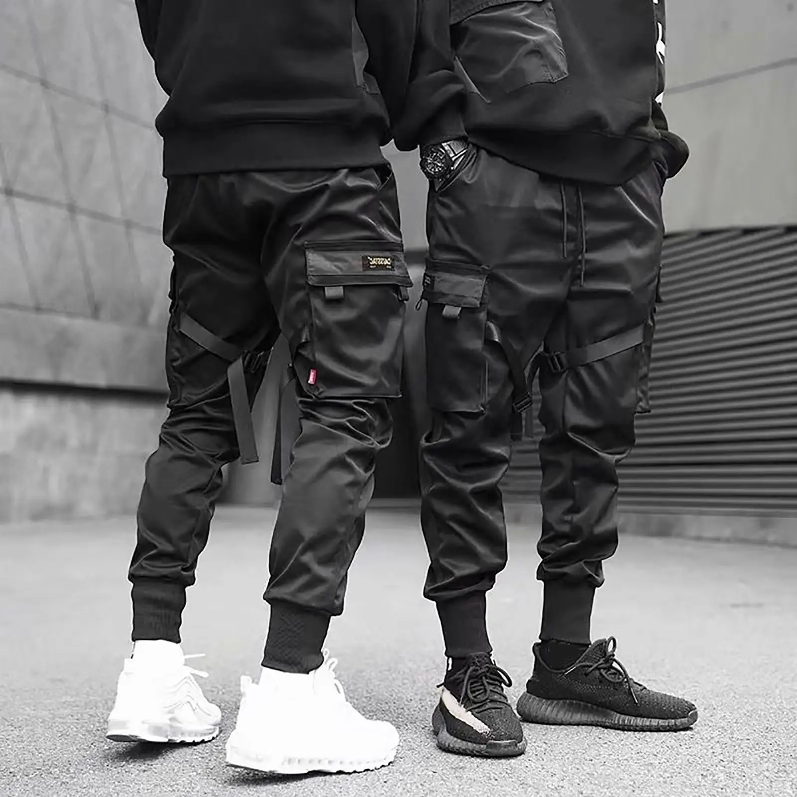 

Men Fashion Drawstring Multi Pockets Straps Ankle Tied Cargo Pants Long Trousers