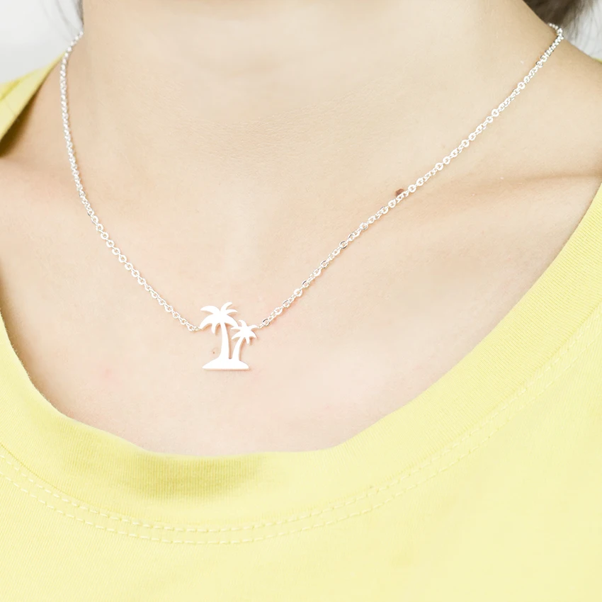 

10pcs Hawaii Double Palm Tree Necklace Stainless Steel Chain Coconut Inspired Plant Charm Necklaces Holiday Beach Jewelry Gifts