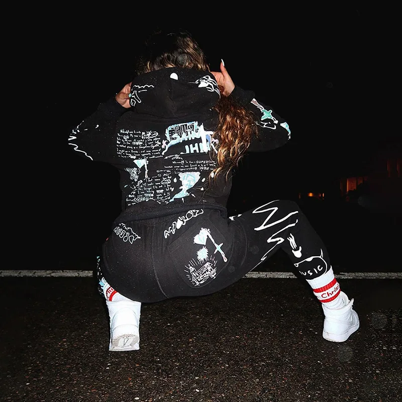 

LVINMW Drawstring Letter Print Two Piece Set Women Hooded Long Sleeve With Pockets Pullover High Waist Stretchy Pants Streetwear