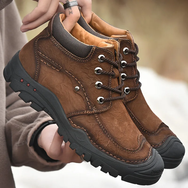 Мужские зимние теплые ботильоны с мехом из натуральной кожи для охоты уличные