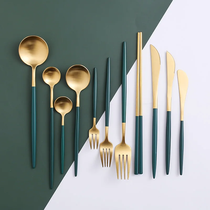 

Cutlery Set Coffee Tableware Set Emerald Green Gold Chopsticks Dessert Dinner Luxury Western Tableware Tableware Set