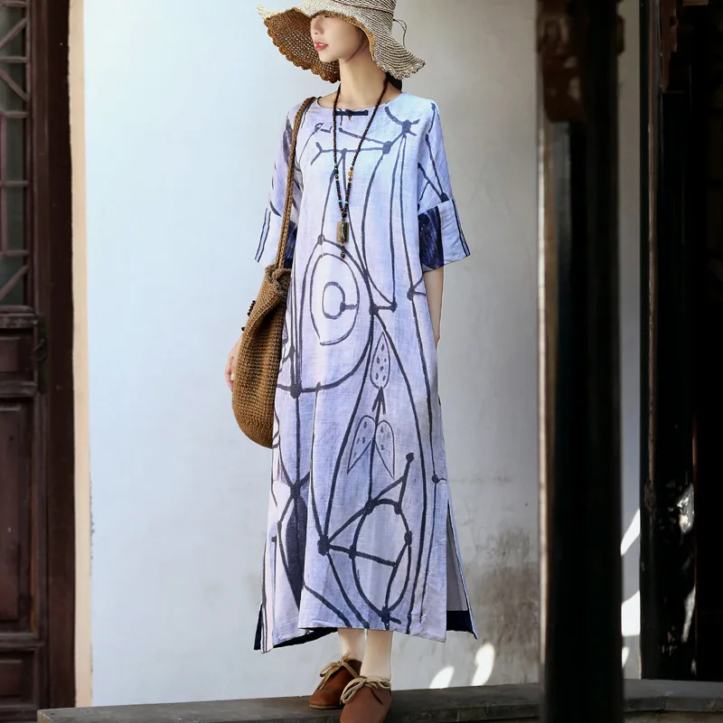 

Женское винтажное платье с принтом SuperAen, повседневное свободное льняное Хлопковое платье макси с круглым вырезом размера плюс, 2021