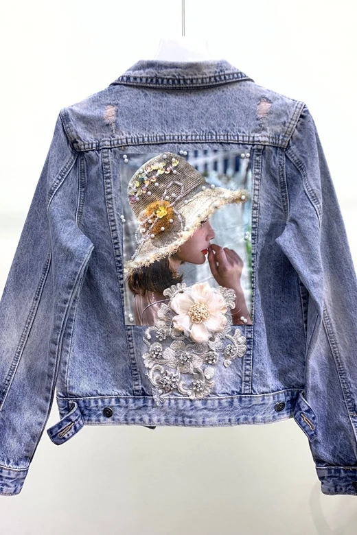 

European goods autumn new product wild fashion heavy industry nail bead embroidery flower wash hole short denim jacket jacket