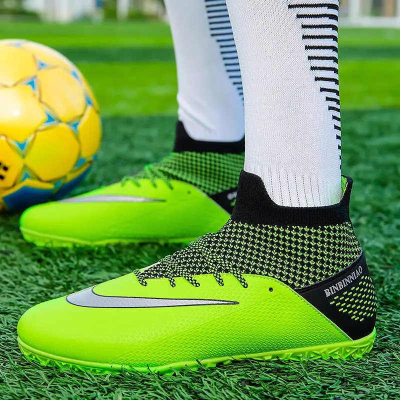 High Top Flat Football Shoes Men Indoor Turf Football Kid Training Lace up Sock Boots Soccer Sneakers zapatos de futbol cesped