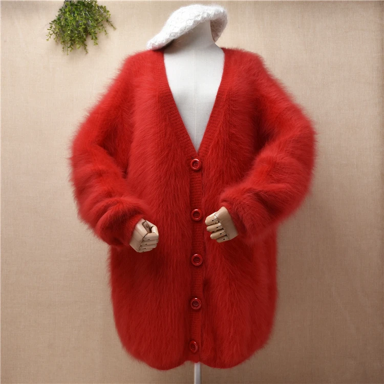 

top quality female women winter thick warm hairy plush mink cashmere knitted v-neck long sweater cardigan angora fur jacket coat
