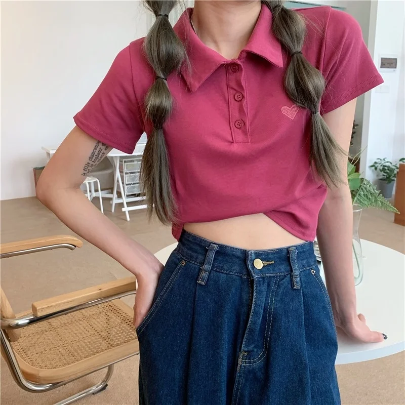 

Love Embroidered Polo Collar Short Sleeve T-shirt Women's Summer 2021 New Slim Fit All-Match High Waist Short Navel BM Top