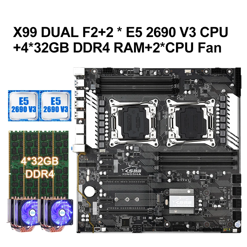 baratas X99 Placa-mãe Cpu Dupla Com 2*2690 V3 Cpu E 4*32gb Ddr4 2400mhz Ecc Reg Ram Com 2 * Cpu Cooler Ventilador 8 Canais Mainboard