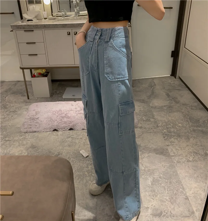 

Thin, high-waisted, versatile thin washed wide-leg loose cargo jeans